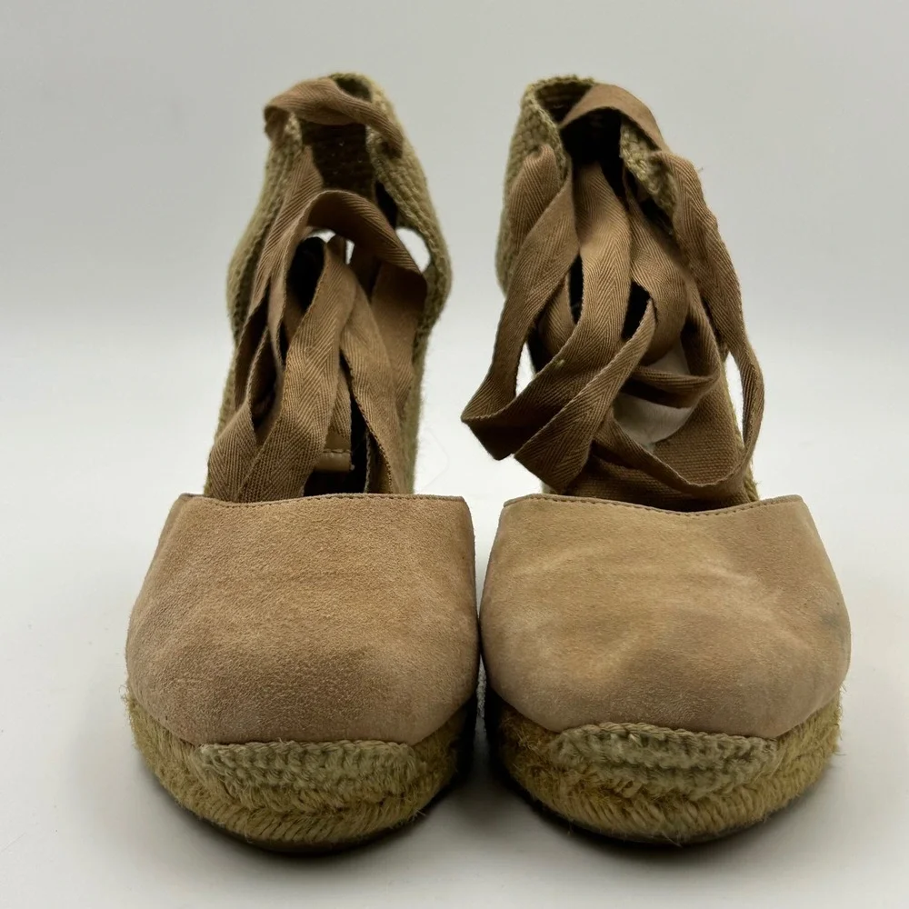 Aldo Espadrille Wedge Sandals Womens 8.5 Tan Suede Ankle Tie Boho Summer Chic